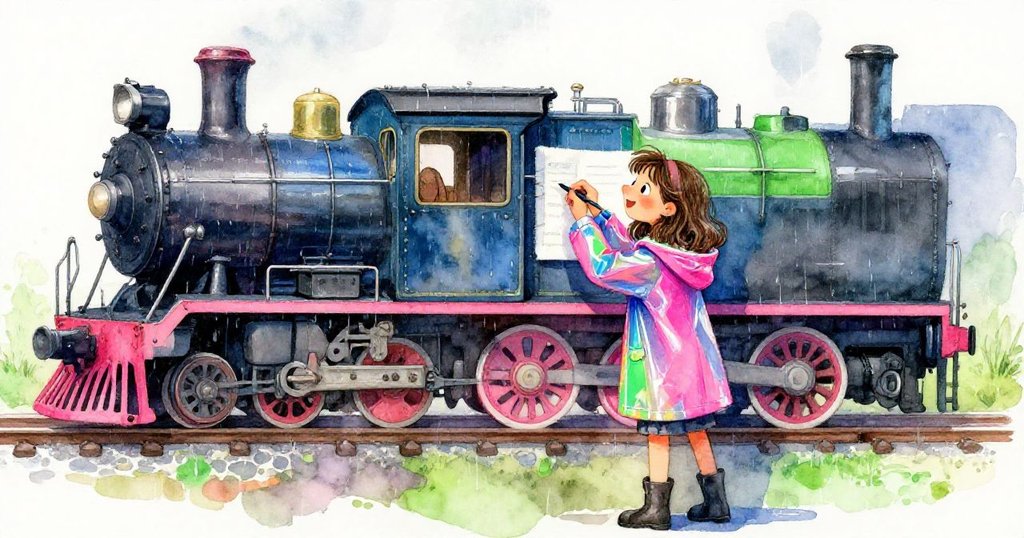 雨過天晴後，Lena專注描繪牆上隱藏的古董火車，紙上流露驕傲與喜悅，色彩豐富映照著水面。