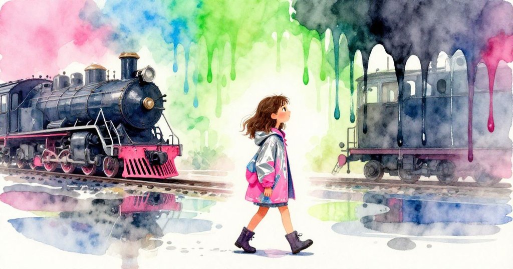 Lena帶著淡然微笑離開現場，濕潤牆面水彩流動映出古董火車，留下靜謐告別與豐富色彩的餘韻。