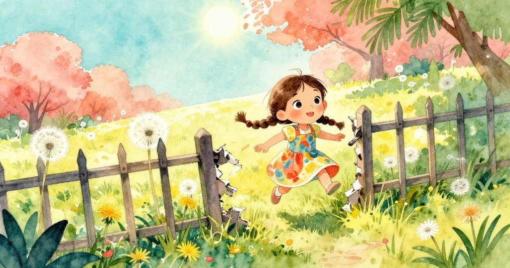 Lina 輕巧穿越破舊圍欄，腳步輕盈踏入陽光閃爍的草地，充滿好奇與期待的神情映在臉上，花朵搖曳生姿。