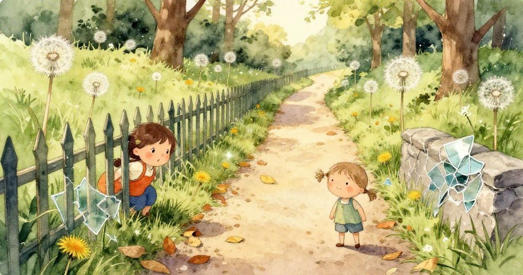 Lina 踏著落葉小徑，赤腳前行，腳印隱約映在柔和日光下的地面上，充滿探索心情。