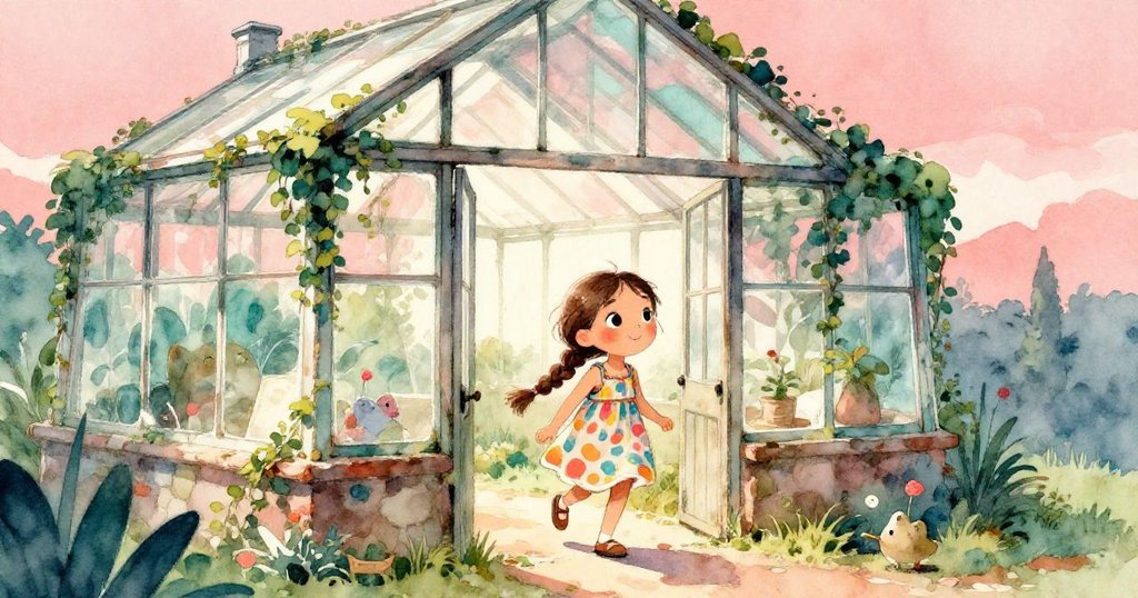 Lina 從低角度走近布滿常春藤的溫室，神情充滿好奇與期待，藤蔓在迷人晨光中舞動。