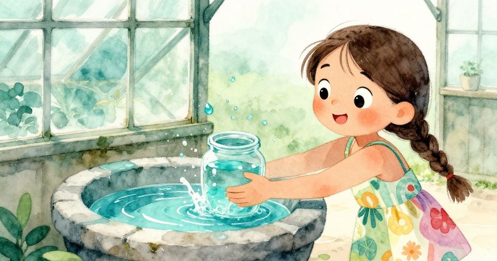 Lina 快速伸手救起快滑落的水罐，藍綠水花在石雕野牛盆上躍動，情緒專注又生動。