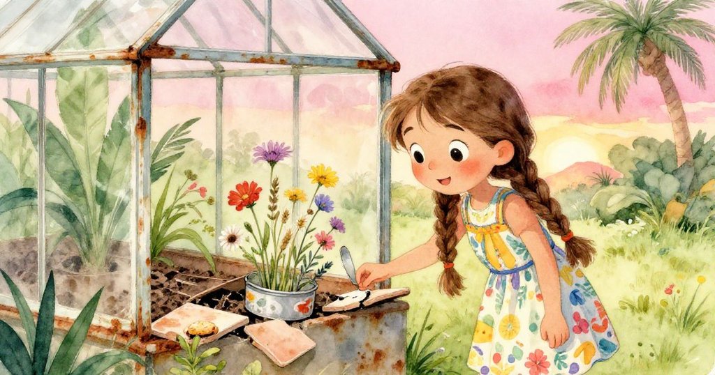 Lina 小心揭開鬆動的瓷磚，發現隱藏於縫隙中的銹色花罐，神情驚奇中帶著堅定。