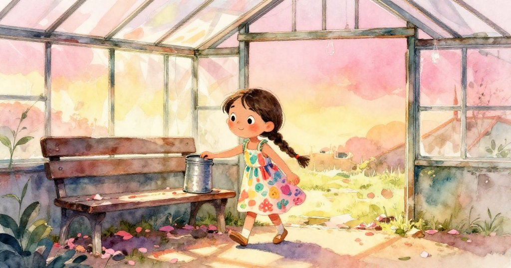 Lina 輕步離開溫室，回眸中滿是溫柔與不捨，地上散亂的花瓣與光影繽紛映照著離別情懷。