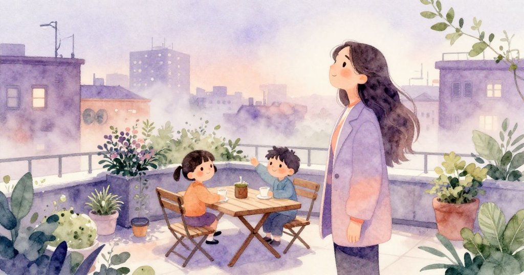 Elena在屋頂花園佈置木桌，薄霧中展現出夢想與期待，背景隱約見到城市天際線