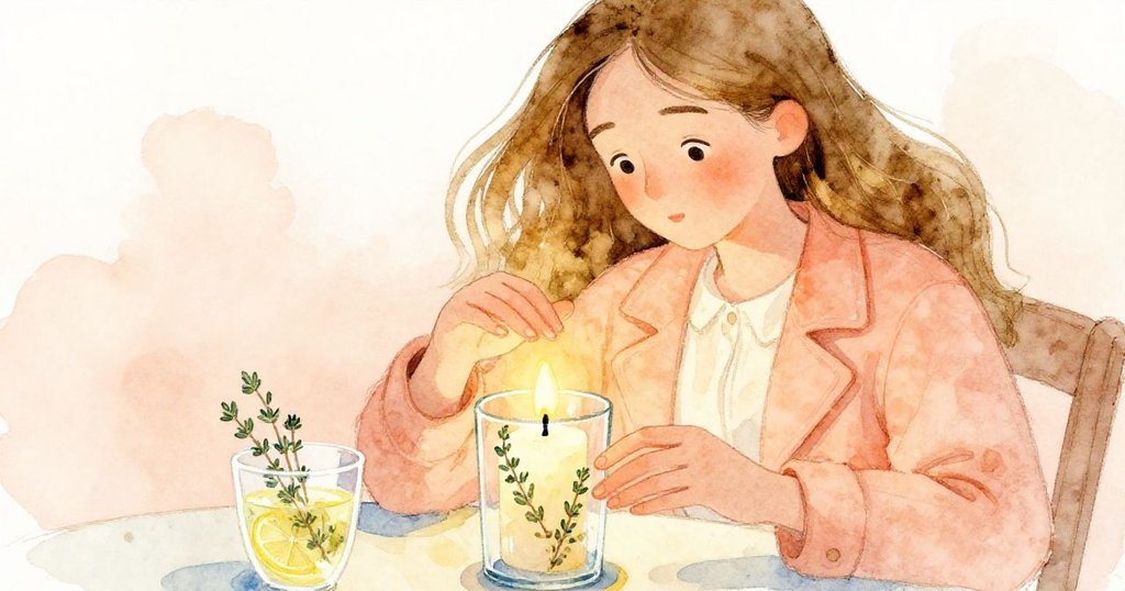 Elena細心遮擋搖曳的蠟燭，桌上擺放著茶杯與香草，展現出希望與脆弱情感交織的瞬間