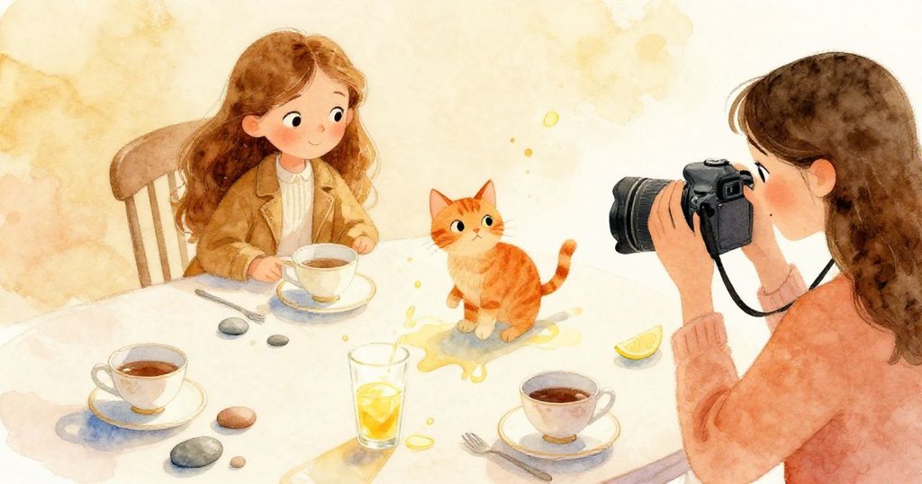 從高處俯視Elena調整相機，桌上散落的茶杯與檸檬水營造出光影舞動，橘貓輕巧出現增添動感