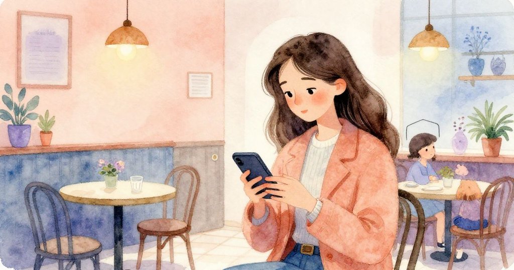 Elena在溫馨咖啡館內檢視照片，回憶著屋頂詩意瞬間，臉上流露出溫柔與靈感