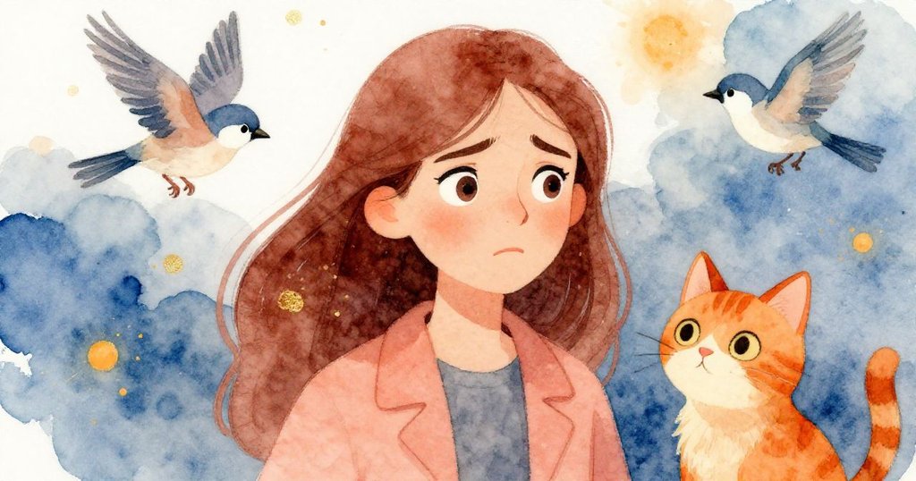 Elena神情複雜凝視屏幕，橘貓與飛舞麻雀隱約出現，表達內心掙扎與對奇妙瞬間堅持的情感