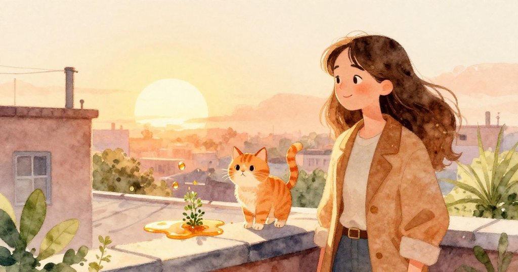 夕陽映照下Elena欣賞著意外光影藝術，橘貓靜守桌邊，液體與迷你草本在金橙光線中舞動，展現溫暖結局