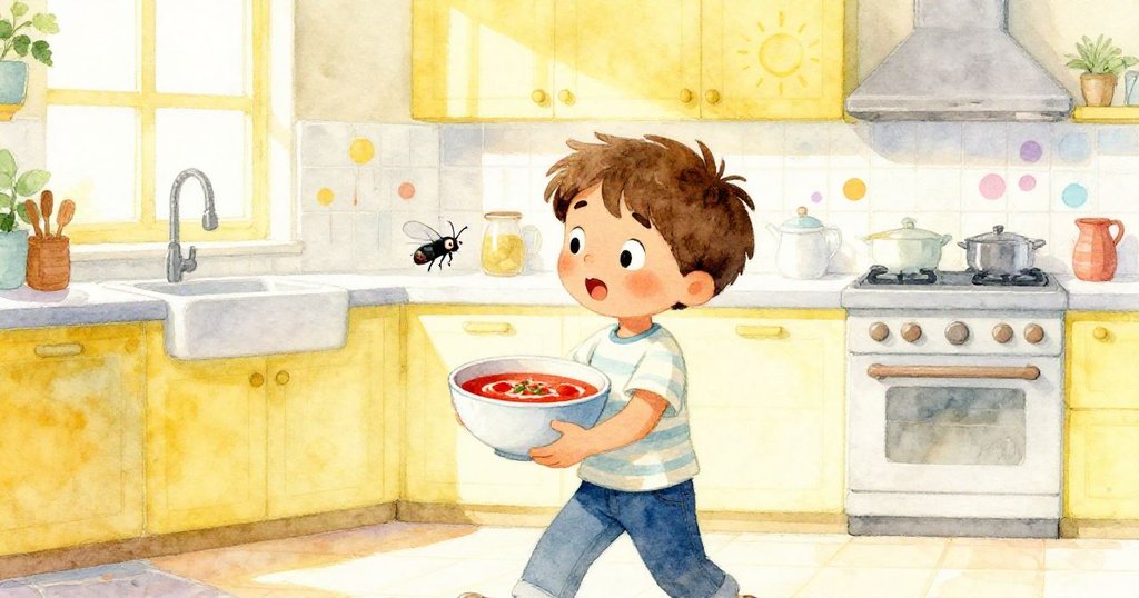 Leo手持湯碗走進陽光灑滿的小廚房，背景有悠閒的小蒼蠅與色彩斑斕的瓷磚，臉上流露出期待與活力。