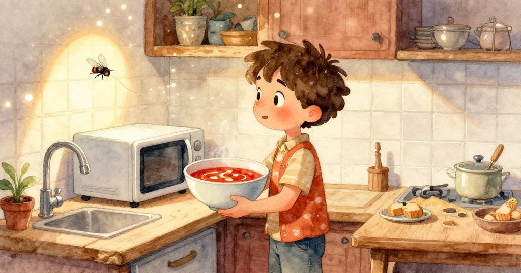 Leo正用靈巧的手按下微波爐按鈕，鏡頭聚焦於碗中熱湯和閃爍的控制面板，展現廚房溫暖與活力。