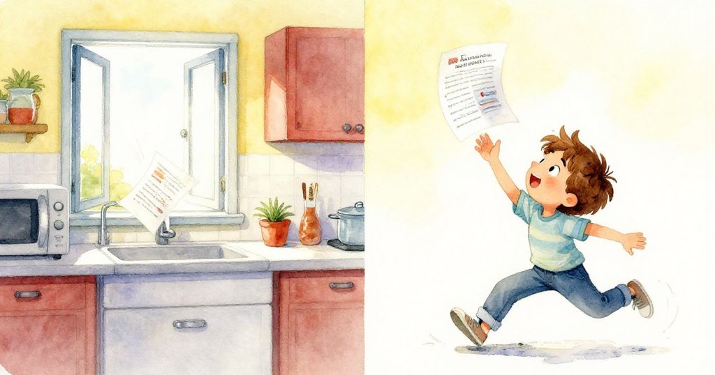 Leo在廚房中迅速接住被風吹起的雜誌頁，左側呈現開窗送風與插頭微移，情緒顯得專注與驚訝。