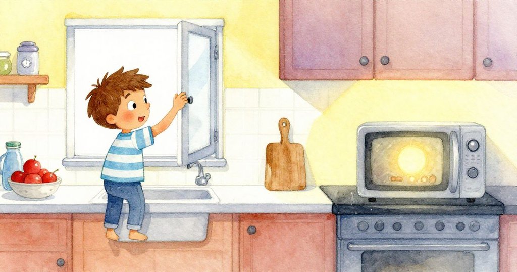 Leo先忙著調整插頭與關窗，接著微波爐發出柔和嗶聲，廚房從混亂轉為寧靜，展現情境變化。