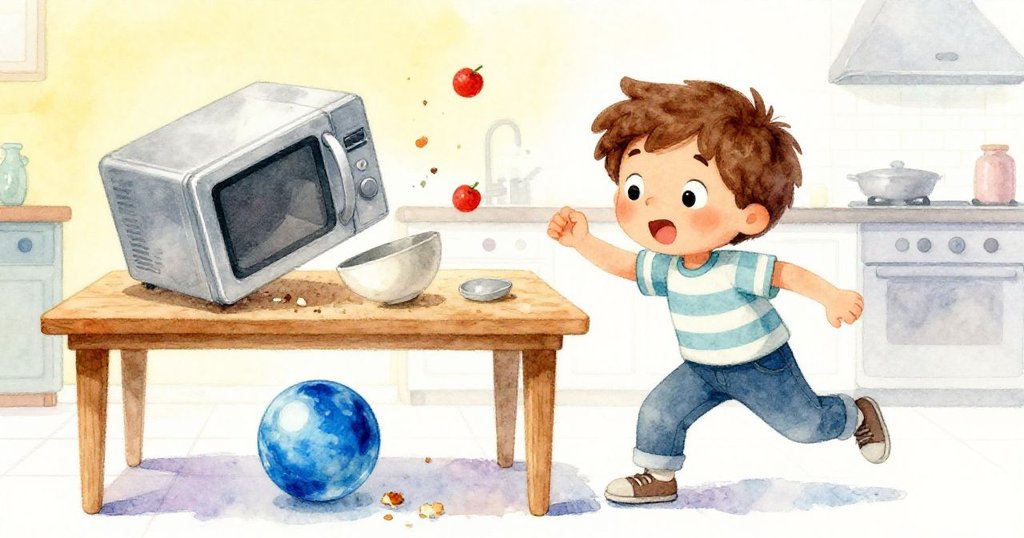 Leo注視著金屬蓋滾落與湯碗擺動，一顆藍色彈珠迅速滾向桌下，散落麵包屑營造出緊張追逐感。