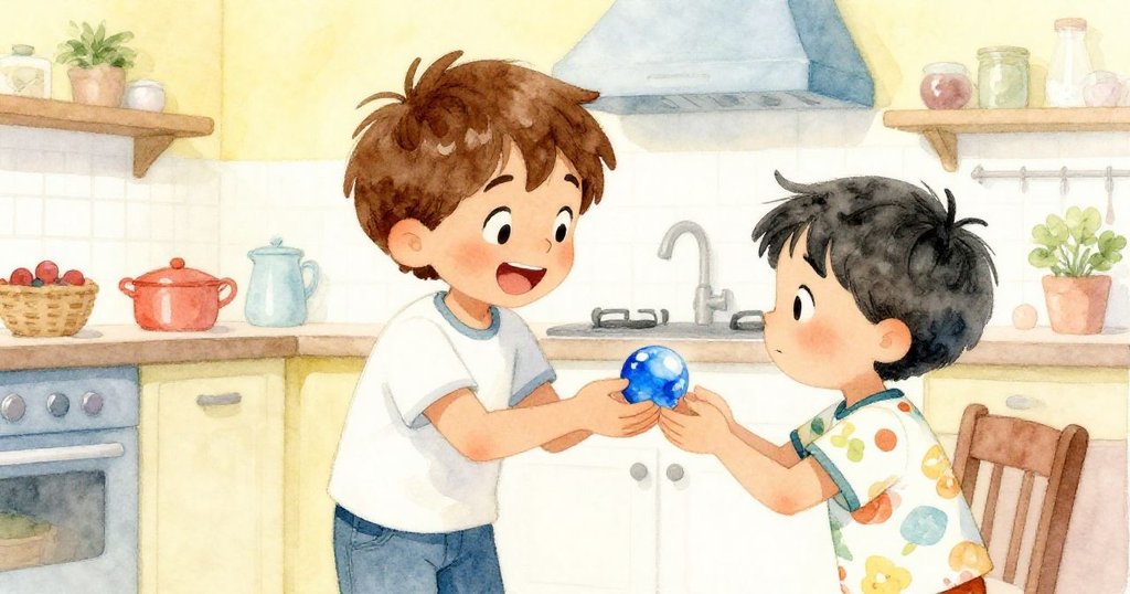 在溫馨廚房中，Leo與哥哥面部表情生動互動，哥哥誠摯道歉並遞上藍色彈珠，場景充滿寬容與快樂氣息。