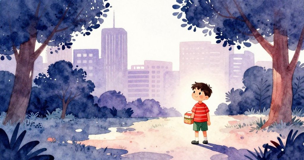 萊昂走進明亮的城市公園，輪廓分明，手持午餐盒，背景現代市景與樹木，表情充滿期待和輕鬆