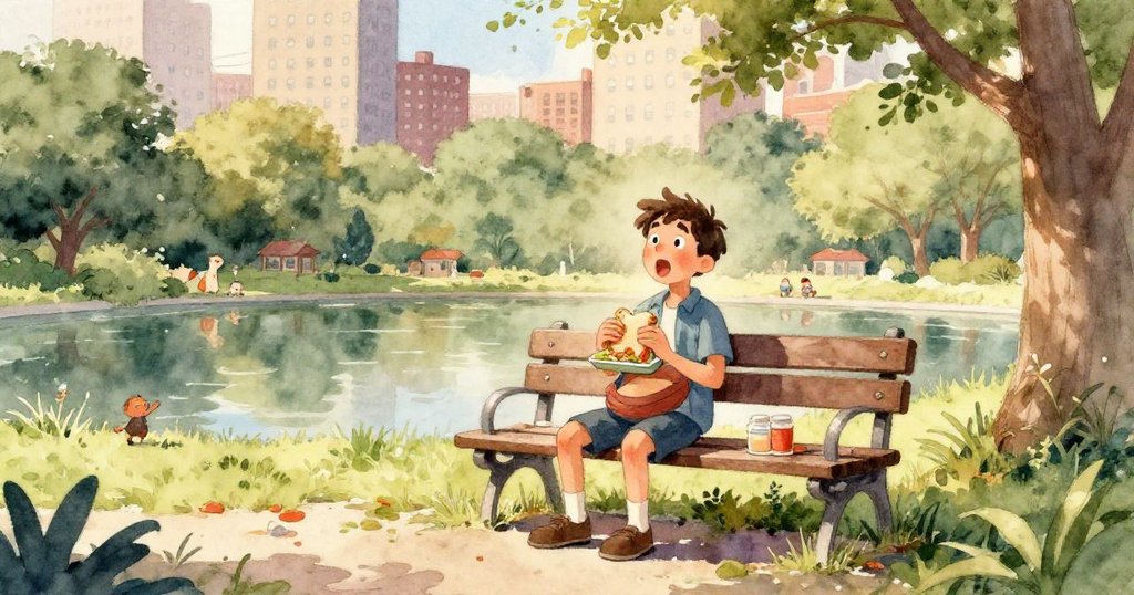 萊昂專注展現雙手解開午餐盒，細膩呈現三明治細節，背景隱約見到公園長椅與綠意，充滿期待和專注