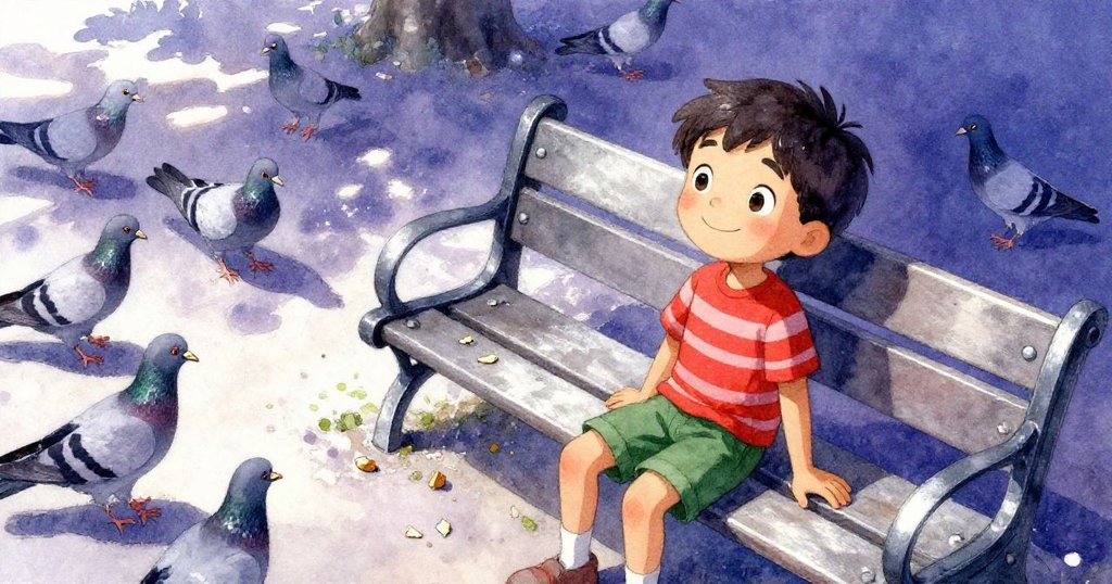 從高角度看見萊昂坐在長椅上，面帶驚訝和微笑，身旁麵包屑散落，灰色鴿子紛紛聚集，環境充滿動感