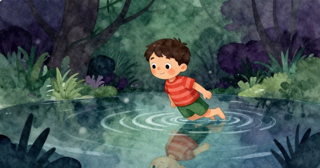 透過平靜池塘的透明水面，看見萊昂低頭凝視自己倒影，水波輕輕蕩漾，背景隱約有噴泉音樂與綠意，情境安靜迷人