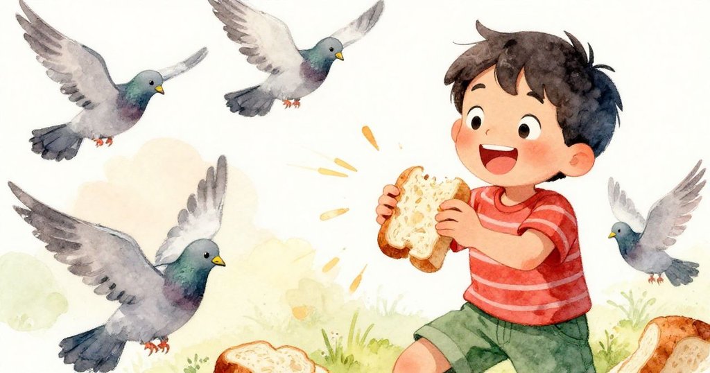 萊昂在公園小徑上面帶笑容，一邊輕鬆地掰碎最後一片麵包，周圍鴿子活躍飛舞，動作充滿趣味和溫暖