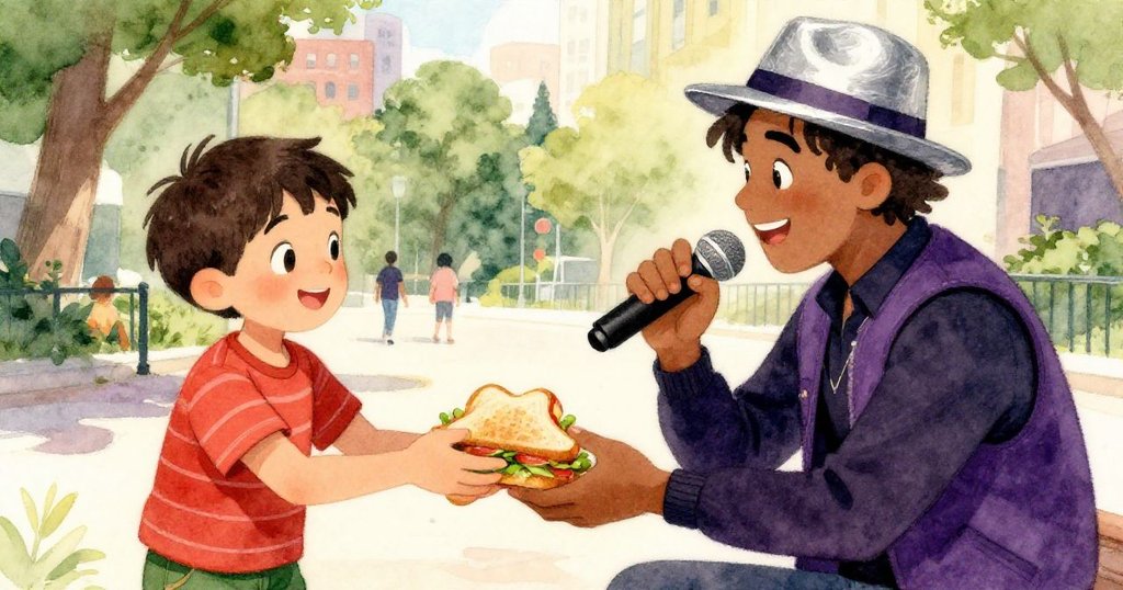 街頭歌手走向萊昂，溫柔地把新鮮三明治遞給他，雙手輕輕相觸，萊昂滿懷感激微笑，背景是現代城市公園