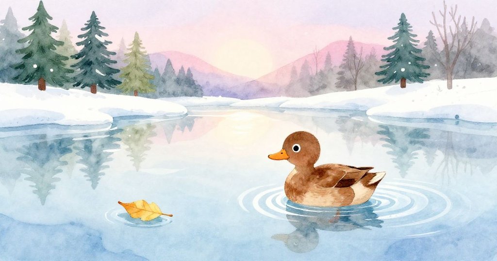 布朗小鴨在平靜池塘中滑行,葉子隨波漂流,柔和光線映照水面,呈現寧靜的清晨氛圍與自然美感。