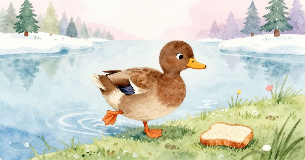 布朗小鴨小心步出水面走上濕潤青草,留下一串微妙足跡,注意到地上漂浮著一片麵包,場景溫柔寧靜。