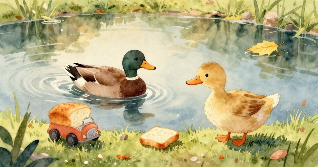 小巧玩具車在青草上滾動,其塑料輪子在水坑中反射出微妙波紋,麵包稍縱即逝,整個畫面充滿精緻細節。