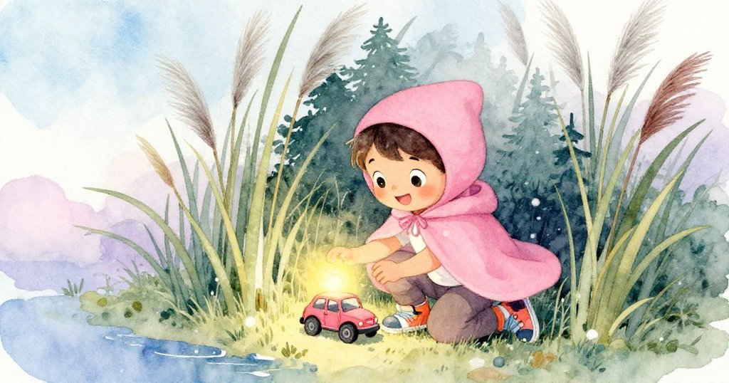 穿著粉紅斗篷的街頭演員孩子在隱蔽蘆葦間跪地,溫柔地舉起玩具車,探索發現中的純真樂趣,顯示出好奇與專注。