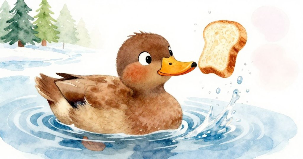 布朗小鴨凝視著溜動中擋住路徑的麵包,神情緊張而期待,水花飛濺,展現出緊張與玩味的瞬間。