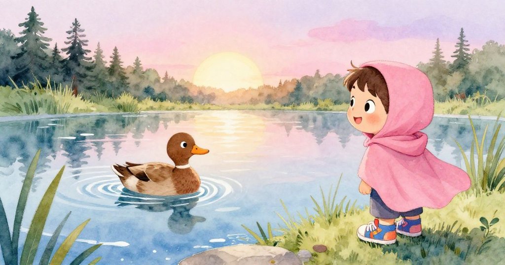 夕陽餘輝下,布朗小鴨悠然划回池塘,街頭演員孩子靜靜觀望,蘆葦搖曳與球鞋散落映襯出柔和自然的結局。