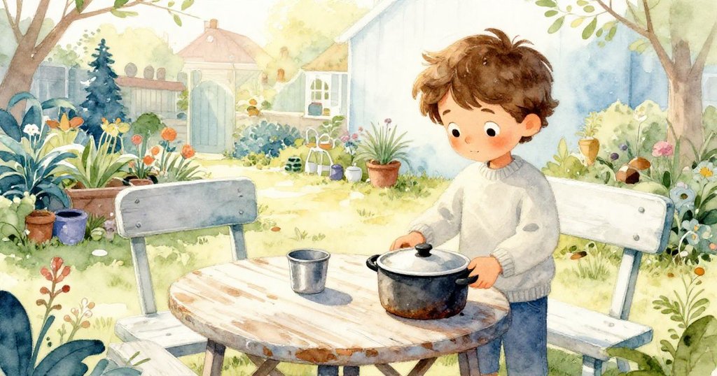 Liam在社區花園桌旁擺放爐鍋,夕陽灑下暖光,桌面留有往日時光記號,充滿期待情緒。