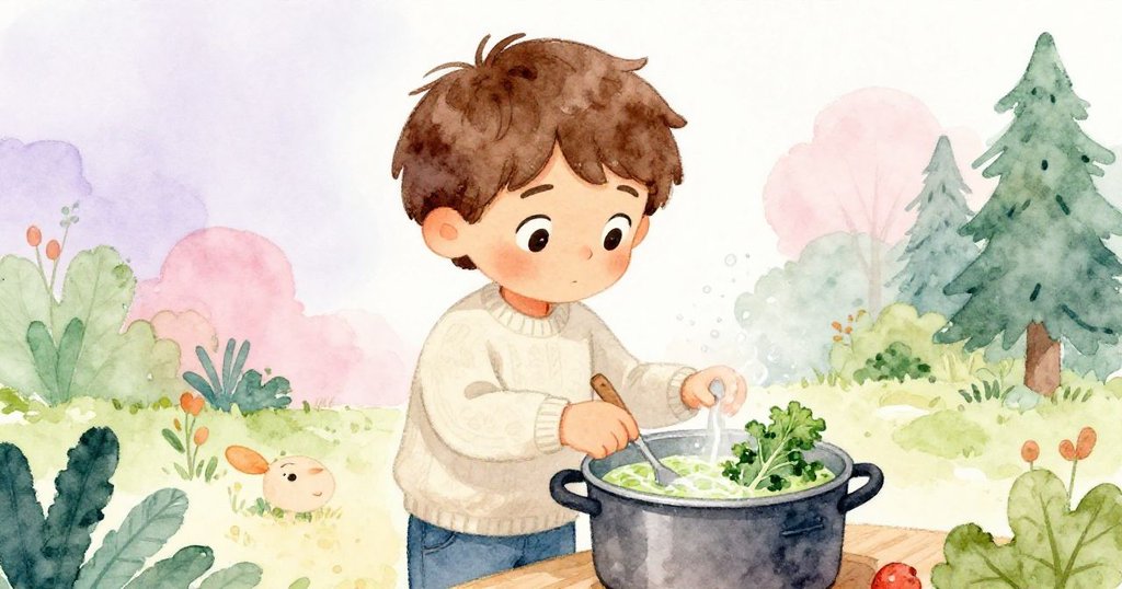 Liam仔細檢查爐鍋中甘藍燉湯,其臉龐充滿希望與微憂,背景呈現模糊花園。