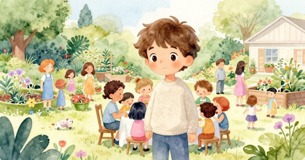 社區花園中,孩子與家長圍坐桌旁,活潑交流與愉悅笑聲,場景洋溢溫馨聚會氣氛。