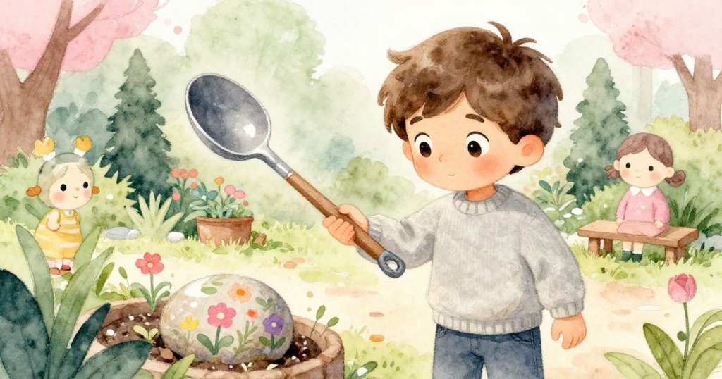 Liam彎腰從舊冷藏箱拾起湯勺,意外發現刻有花紋的石頭,臉上流露出好奇與驚喜情感。