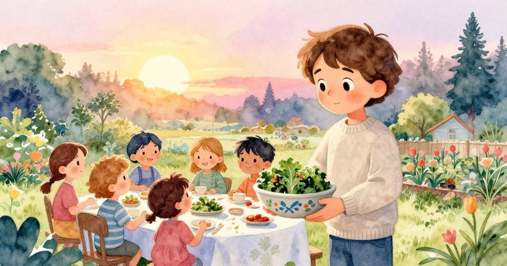 夕陽下,Liam滿臉笑容端出甘藍燉湯,握著刻花石頭,家人圍聚共享溫暖與喜悅。