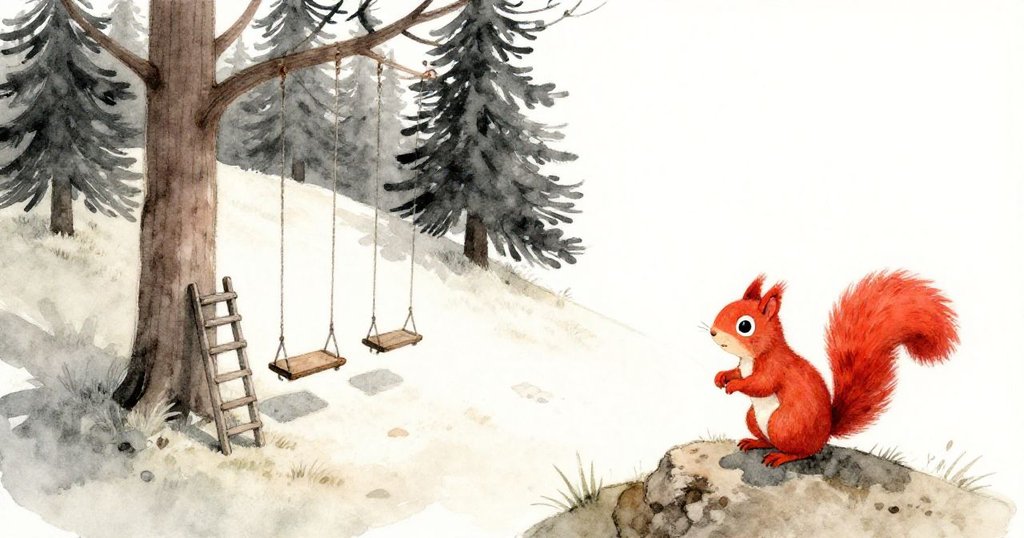 紅松鼠出現在高空視角中，背景有高聳松樹與輕搖秋千，清晨光線映照山坡，展開冒險之始。