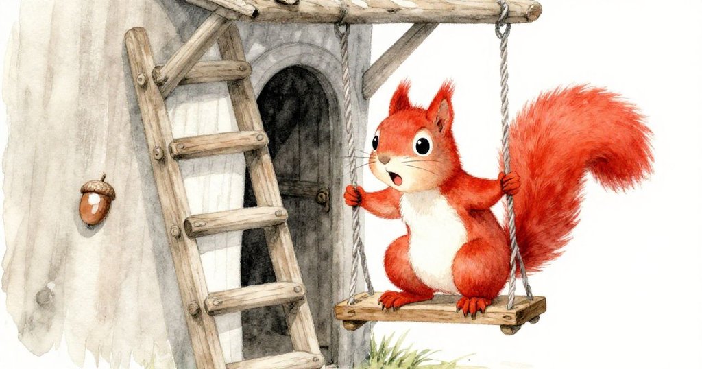 紅松鼠在近距離畫面中驚訝抓住成新階梯的秋千，閃亮橡果殼裝點樹屋門口，冒險氣氛加劇。