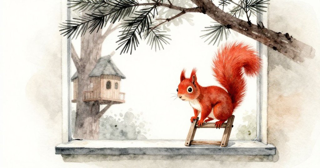 從松樹間窗景中看見紅松鼠攀爬破梯，樹屋隱現，自然光透葉灑下，展現冒險發展。