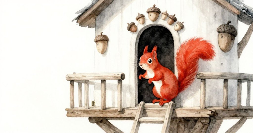 從樹屋陽台俯瞰中見紅松鼠努力登頂，門口橡果閃爍，臉上流露釋放與期待，冒險進入高潮。