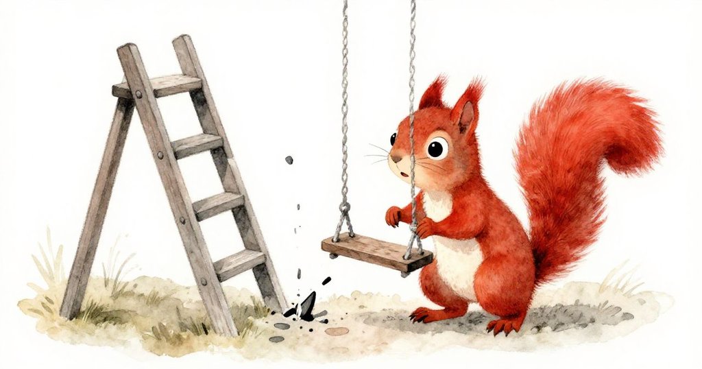 關鍵時刻紅松鼠在破梯與新秋千之間猶豫凝視，動作定格展現勇氣，冒險轉向充滿抉擇。