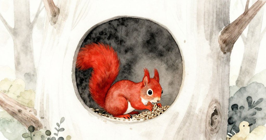 最終畫面中紅松鼠在樹屋內安然入睡，鑽進種子堆中，森林靜謐相伴，結束冒險旅程。