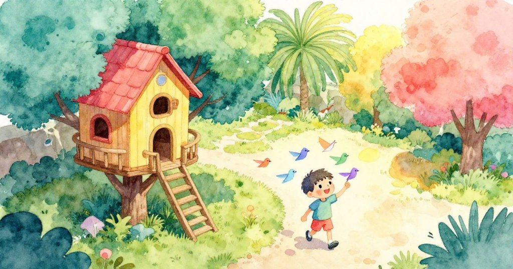 男孩在戶外草地上攜帶紙鳥攀爬樹屋,陽光照耀背景,表情專注,環境充滿生機與色彩。