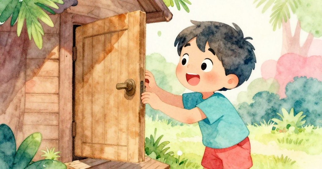 男孩在戶外面對鬆動木板仔細觀察,眉頭微蹙充滿疑惑,背景隱約見到樹屋與自然光影。