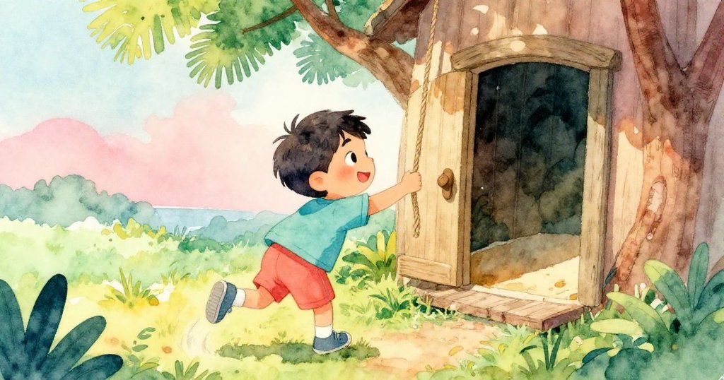 男孩從背後伸手觸摸懸掛的小繩,動作專注,背景呈現樹屋門口和自然光影變化,充滿冒險情懷。