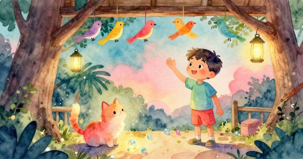 在黃昏溫暖燈光下,男孩在樹屋內掛紙鳥,小貓守護著閃亮彈珠,場景充滿神秘與溫馨。