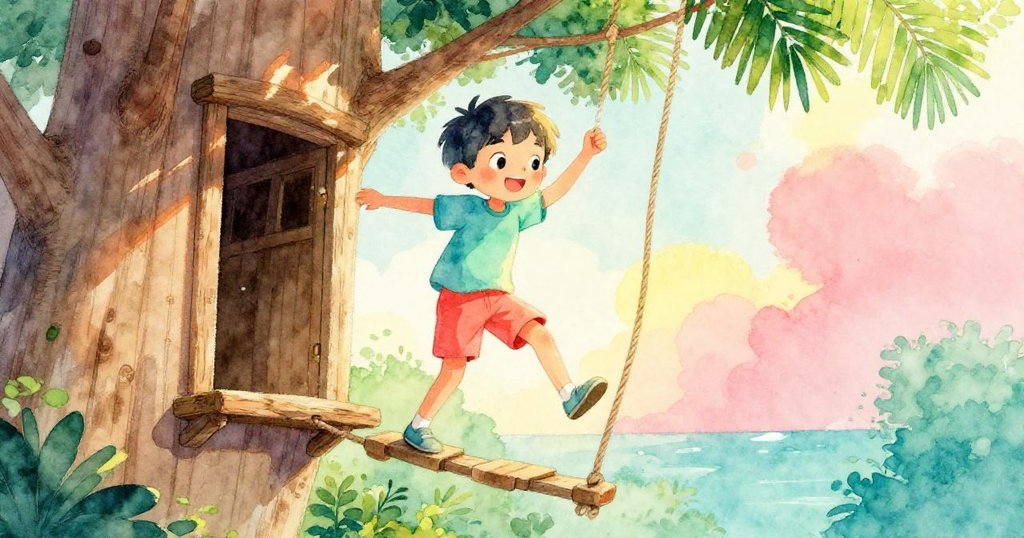 男孩勇敢踮腳踩上搖動繩梯,動作矯健,背景中樹屋門微啟,充滿冒險與活力感。