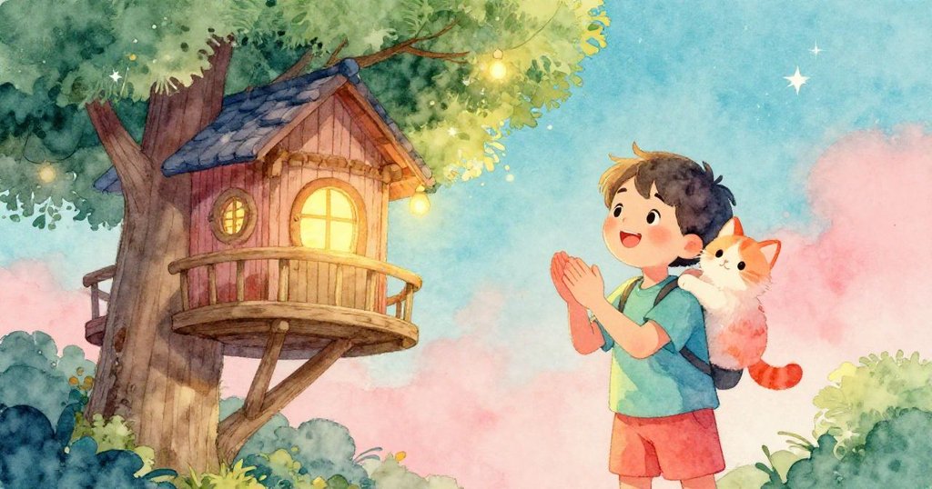 男孩在星空下於樹屋前笑容滿面輕拍鼓掌,小貓安坐肩上,樹葉與星光交織呈現溫馨靜謐夜晚。