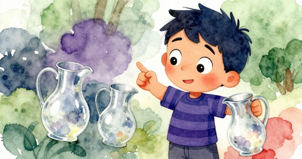 Felix的眼睛充滿好奇，用玻璃水壺輕輕敲擊Leah，臉上展現驚訝神情，背景有點淡淡水彩感。